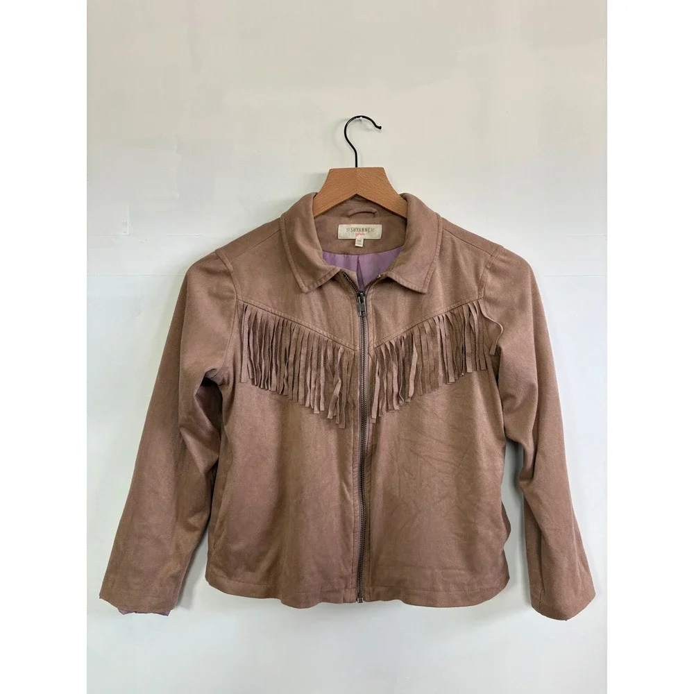 Shyanne Girls Tan Faux Suede Fringe Western Zip Up Jacket Brown XL
